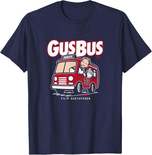 Filip Gustavsson - Hop On The Gus Bus - Minnesota Hockey T-Shirt - T-Shirt | Navy