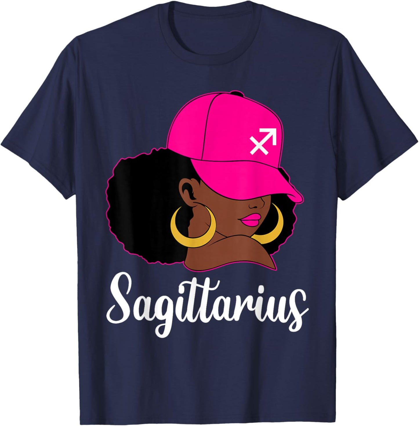 Sagittarius Black Girl Pink Cap Zodiac Birthday Afro Woman T-Shirt - T-Shirt | Navy