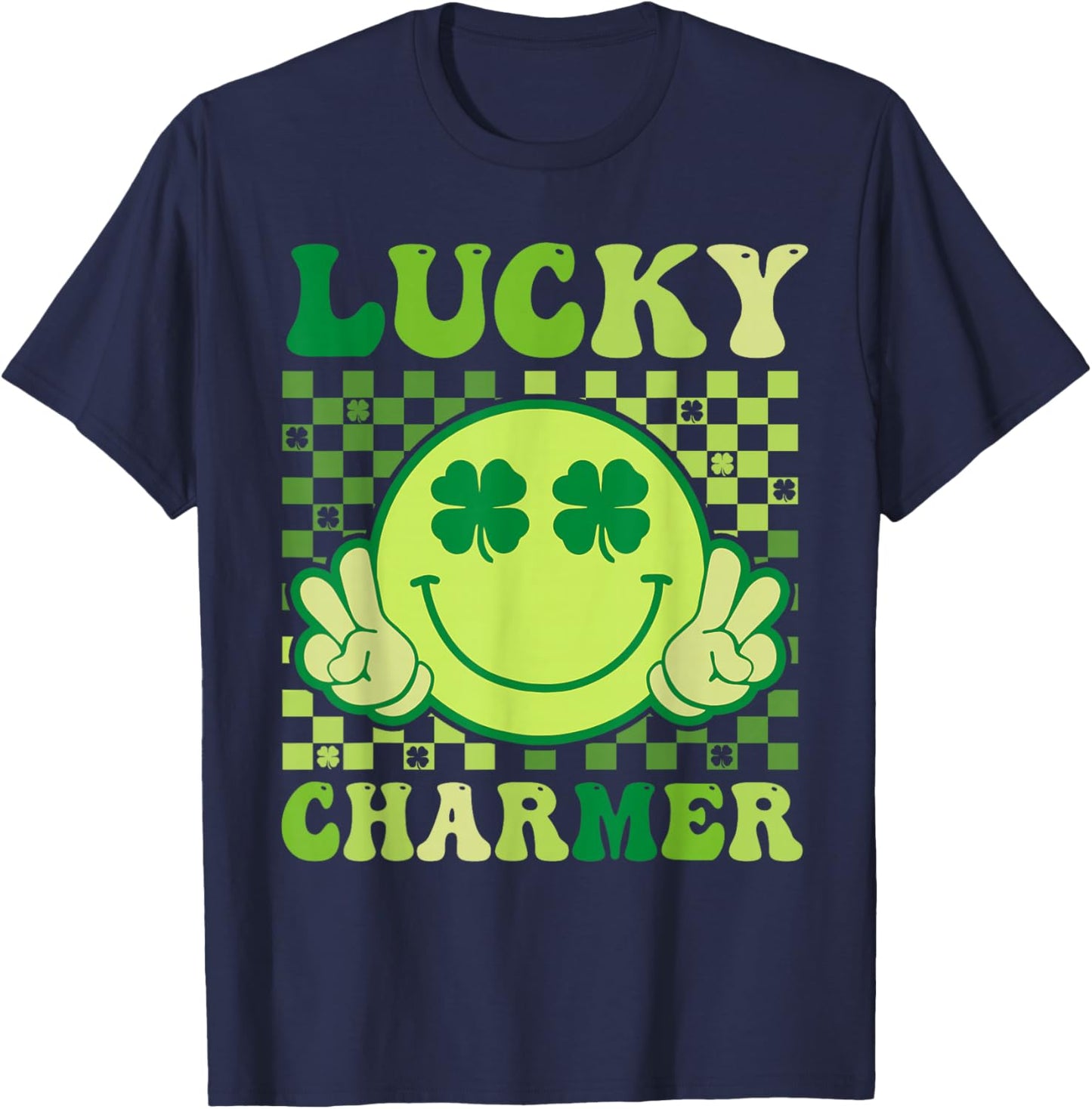 Lucky Charmer Retro Smile Face Shamrock St Patricks Day T-Shirt - T-Shirt | Navy