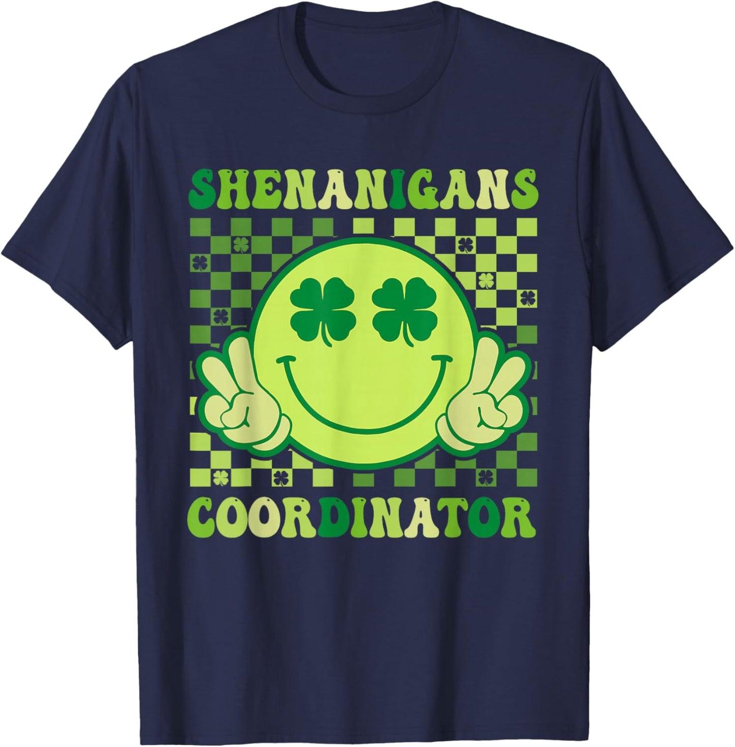 Shenanigans Coordinator Retro Smile Shamrock St Patricks Day T-Shirt - T-Shirt | Navy