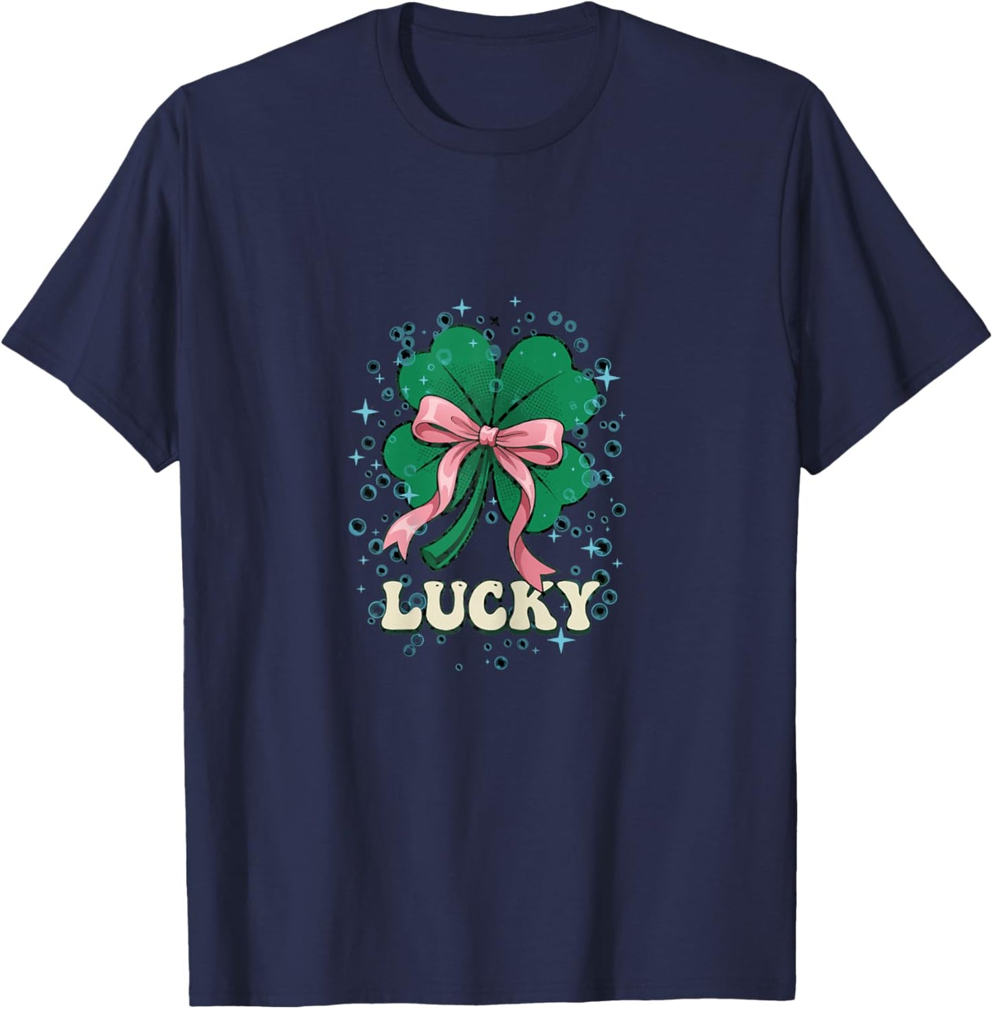 St Patricks Day Retro Coquette Bow Lucky Sparkle Shamrock T-Shirt - T-Shirt | Navy