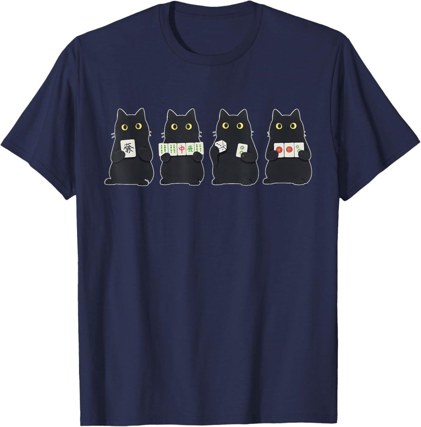 Black Cat Playing Mahjong Chinese Tile Game Mahjong Lover T-Shirt - T-Shirt | Navy