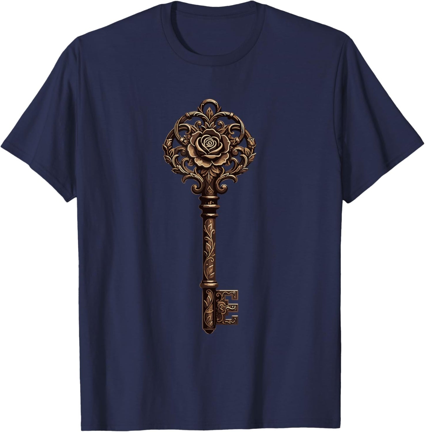 Ornate Antique Key with Rose Letter E Symbol T-Shirt - T-Shirt | Navy