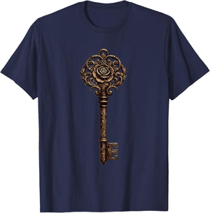 Ornate Antique Key with Rose Letter E Symbol T-Shirt - T-Shirt | Navy