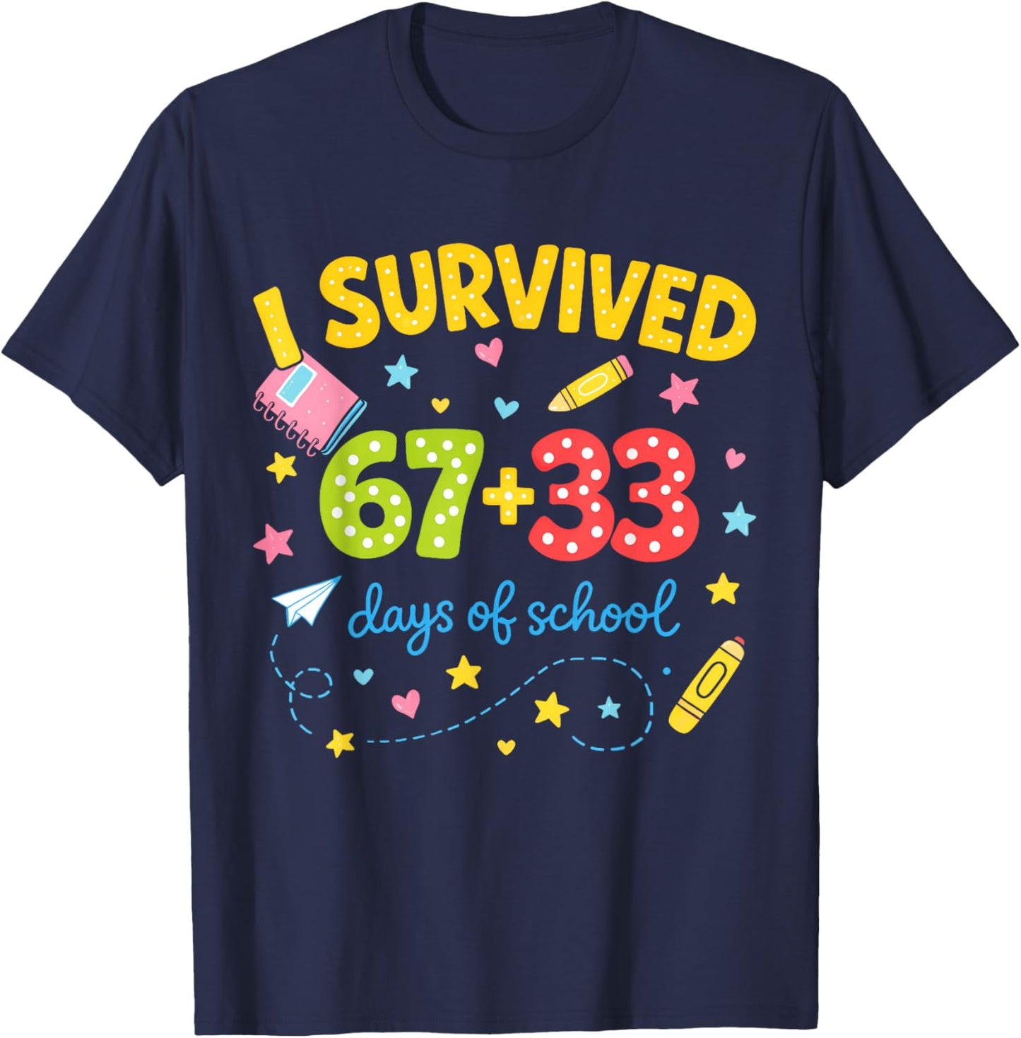 I Survived 67+33 Days of School 100 Days 6 7 Kids Boys Girls T-Shirt - T-Shirt | Navy