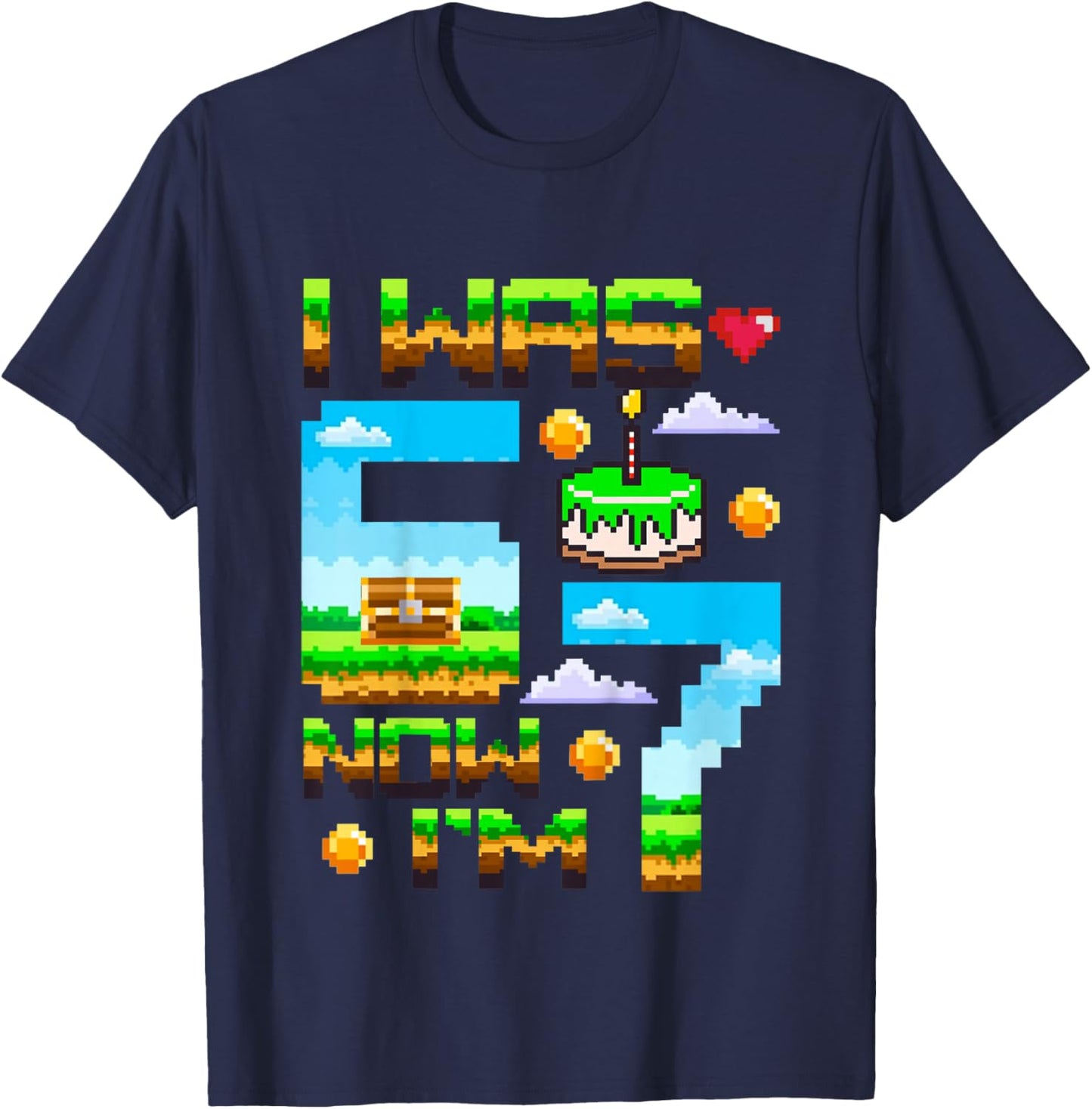 7 Year Old Birthday I was 6 Now I'm 7 67 Pixel Gamer Boy Kid T-Shirt - T-Shirt | Navy