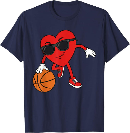 Valentines Day Basketball Heart Playing Basketball Boys Kids T-Shirt - T-Shirt | Navy