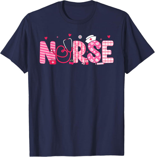 Nurse Valentines Day Scrub Top Nursing Women Girls Kids T-Shirt - T-Shirt | Navy