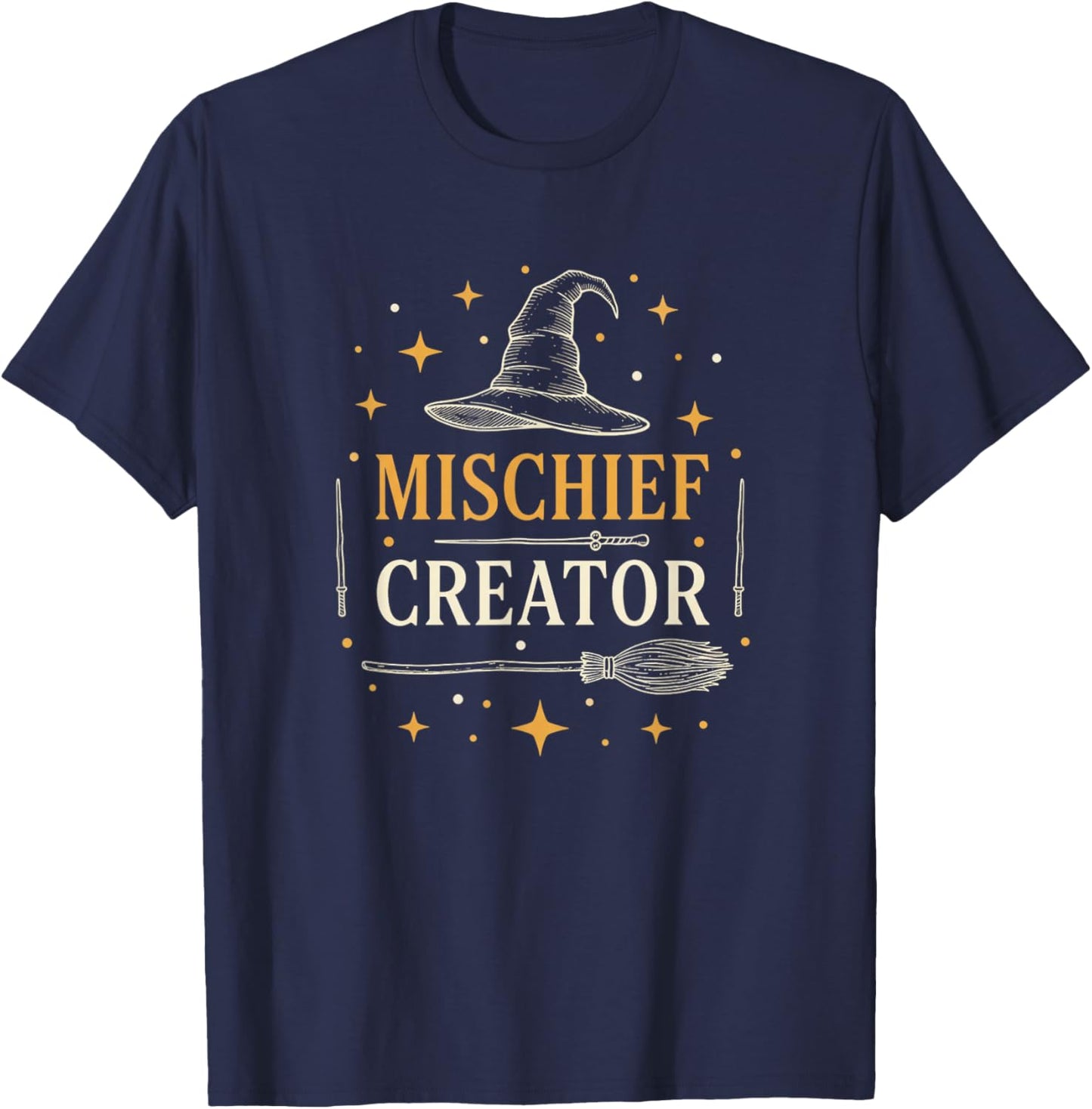 Fantasy Mischief Creator Wizard Design, Witch Hat, Wand T-Shirt - T-Shirt | Navy