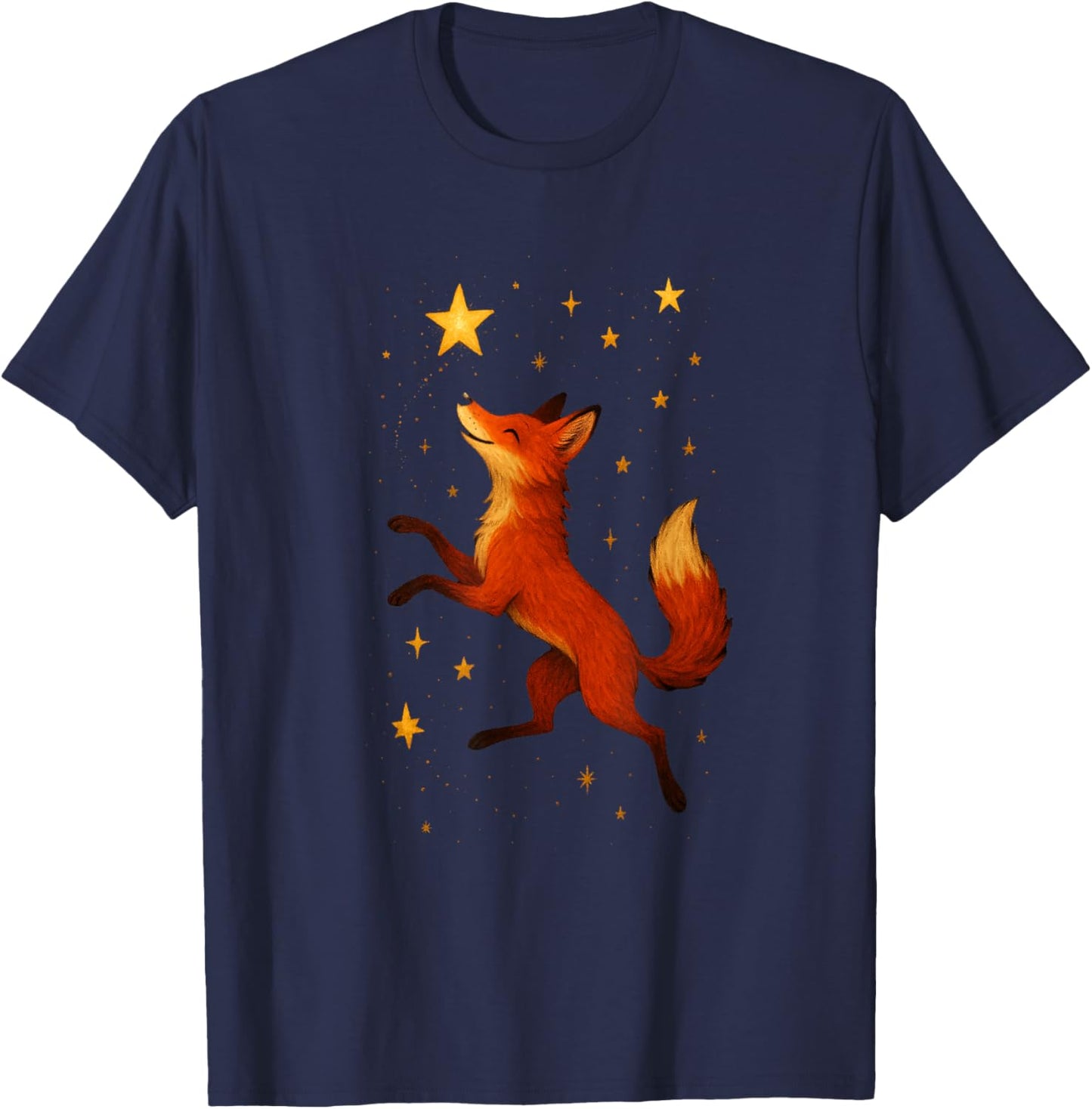 Dancing Fox Under Stars Playful Woodland Night Scene Art T-Shirt - T-Shirt | Navy