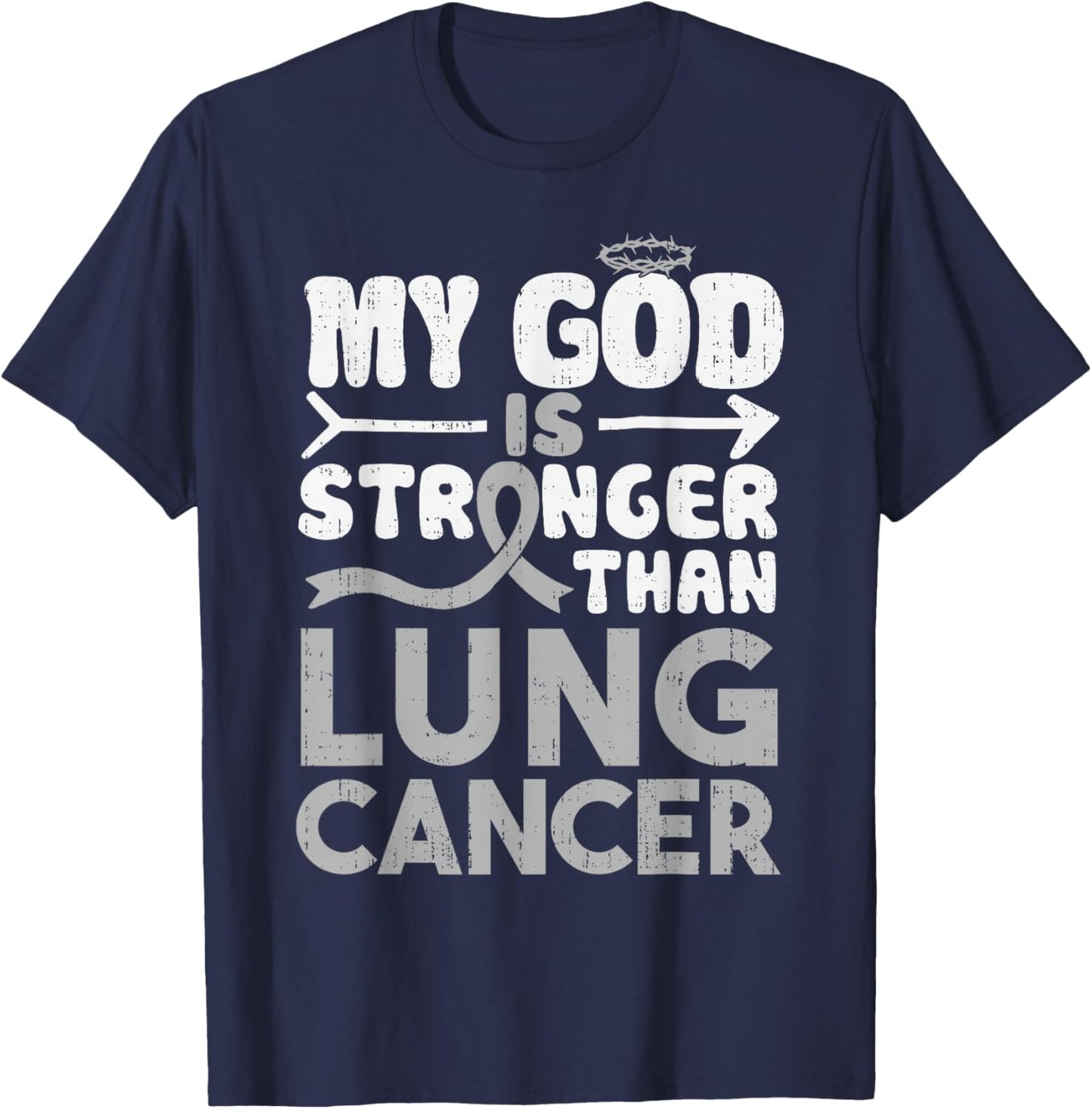 God Stronger Lung Cancer Awareness White Ribbon Support T-Shirt - T-Shirt | Navy