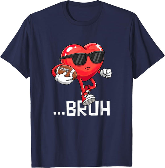 Valentines Bruh Red Heart Playing Football Men Boys Kids T-Shirt - T-Shirt | Navy