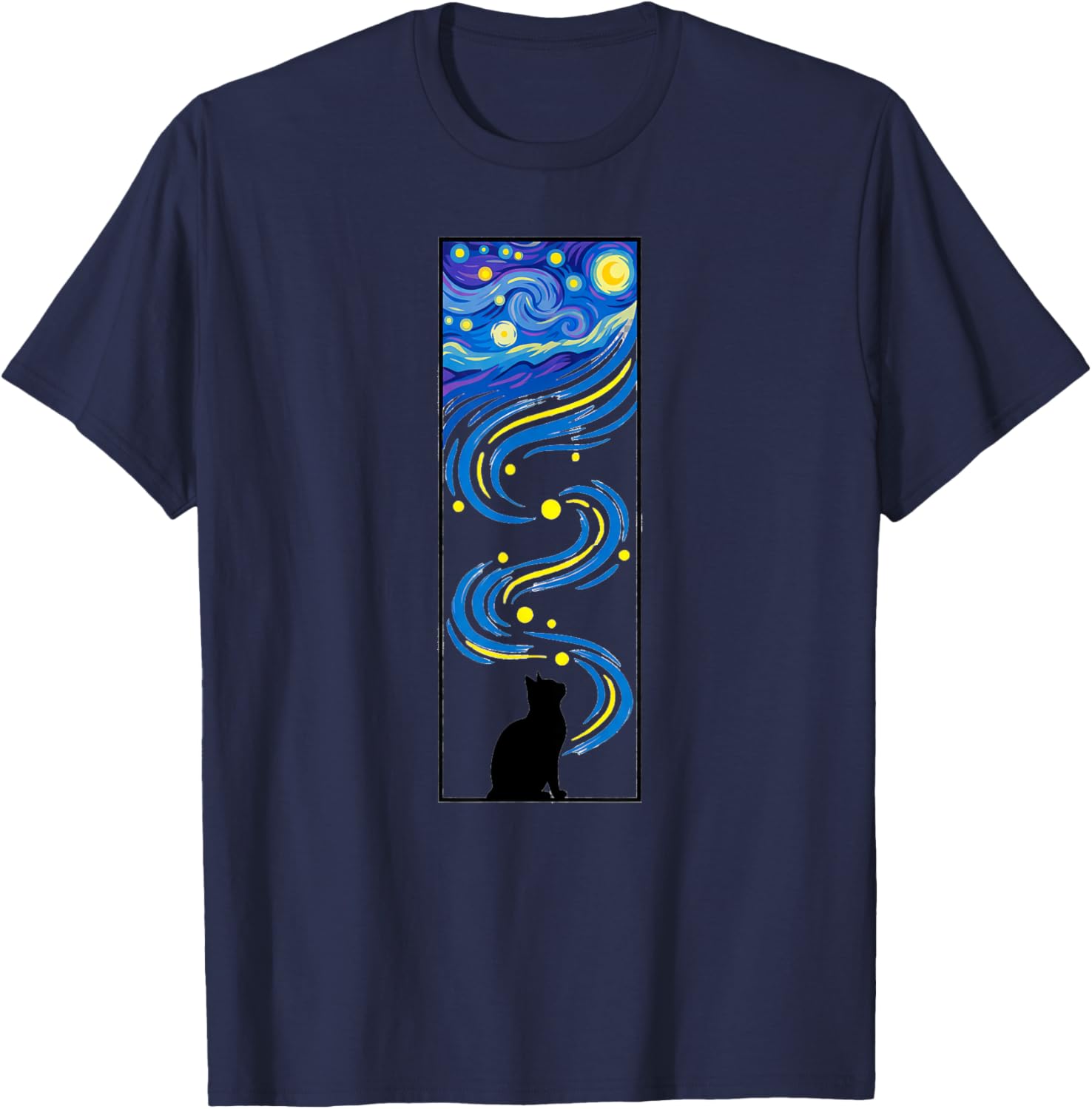 Starry Night Flowing Sky Cat Art T-Shirt - T-Shirt | Navy