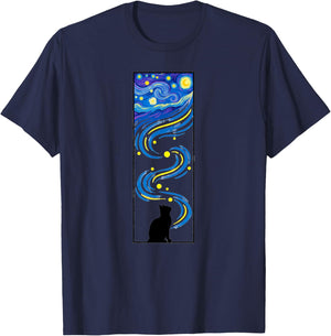 Starry Night Flowing Sky Cat Art T-Shirt - T-Shirt | Navy