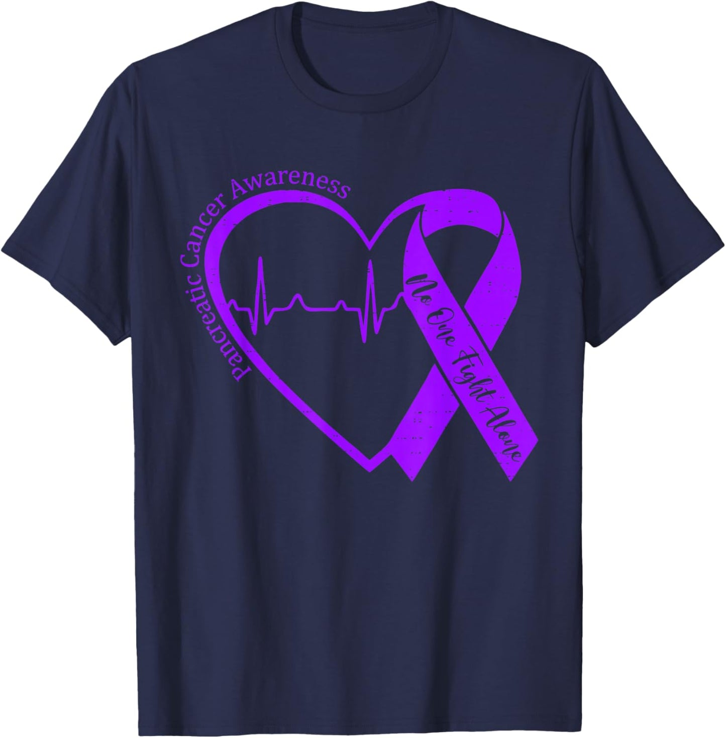 Pancreatic Cancer Awareness Heart Ribbon Purple Support T-Shirt - T-Shirt | Navy