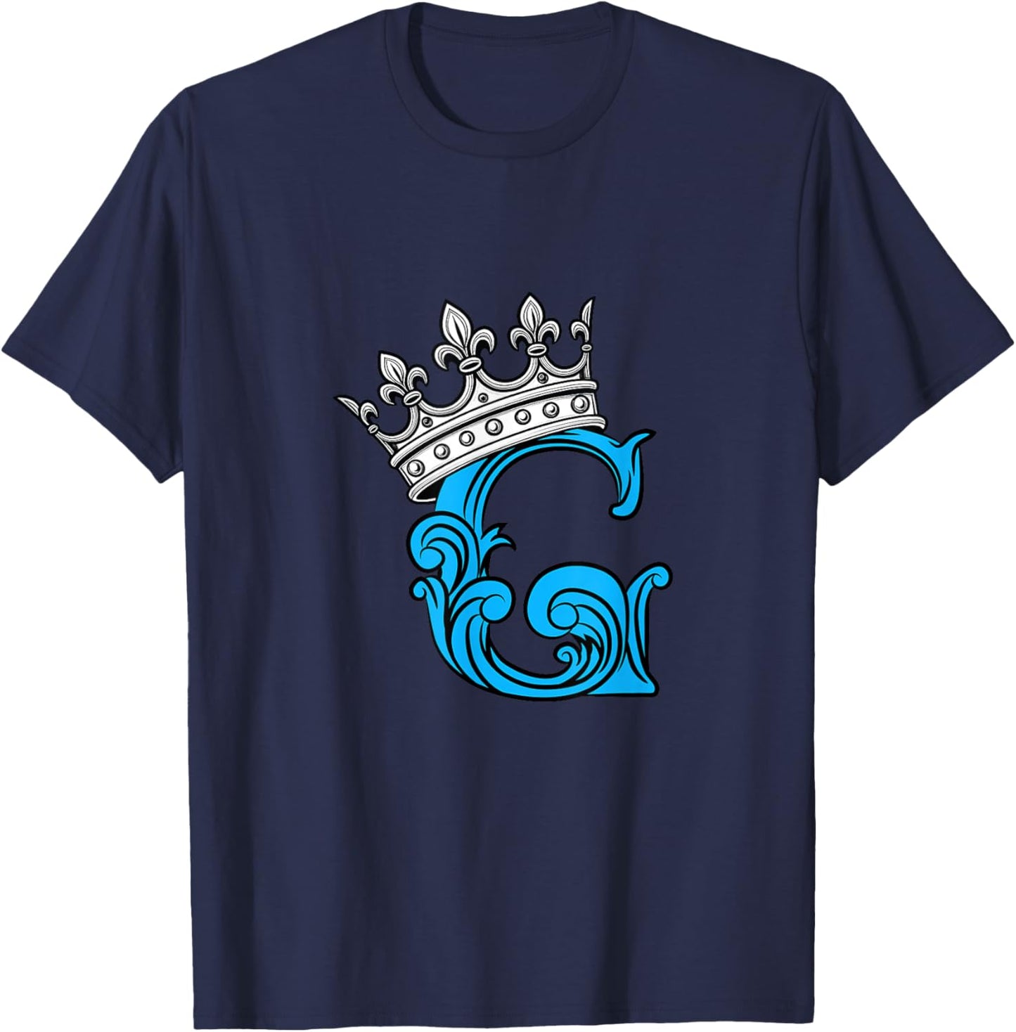 Blue Color Letter G Initial + Crown Blue Graphic T-Shirt - T-Shirt | Navy