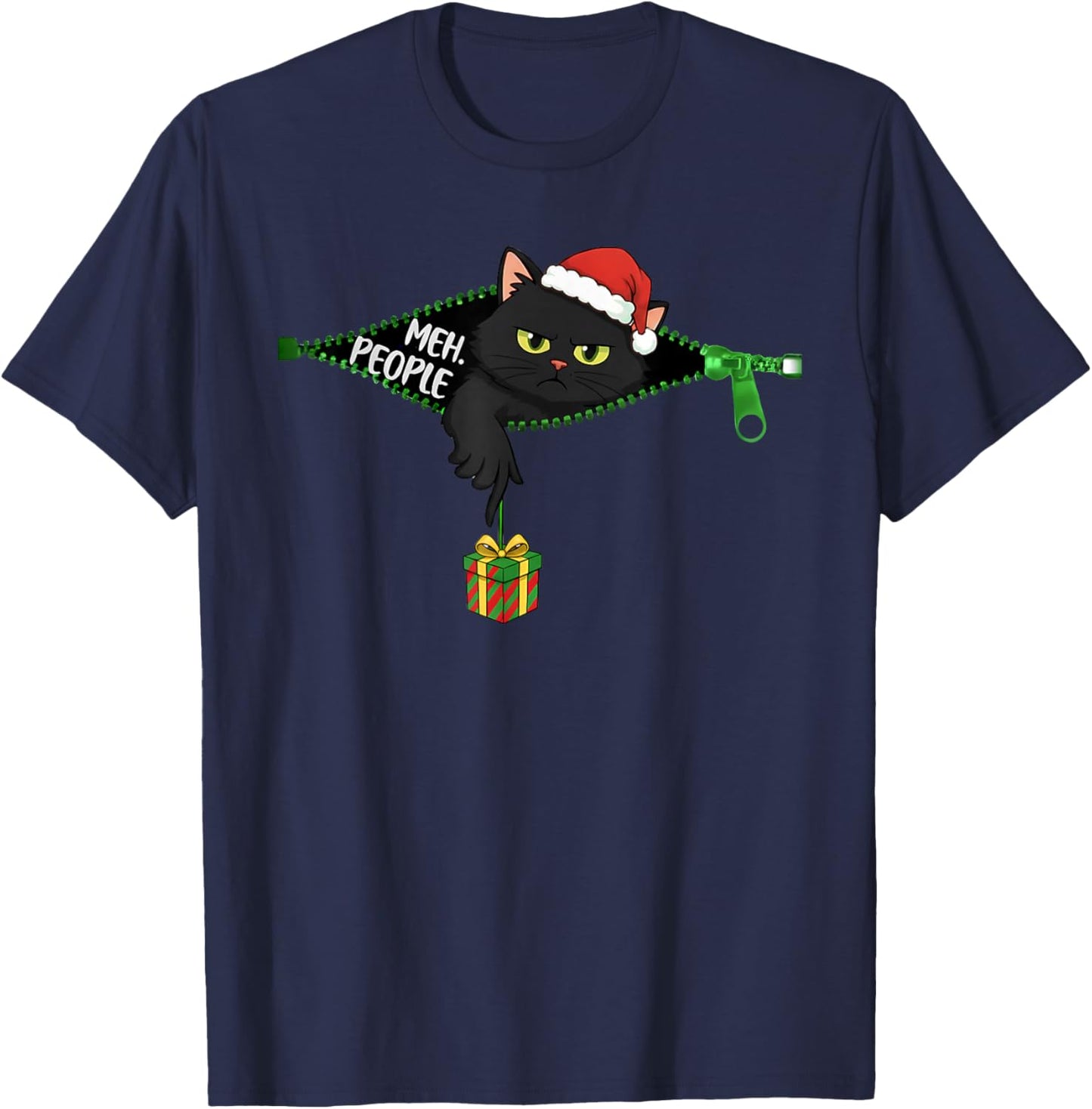 Funny Grumpy Black Cat Christmas Meh People Xmas T-Shirt - T-Shirt | Navy