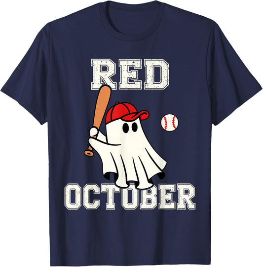 Funny in October We Wear Red Halloween Ghost Baseball T-Shirt - T-Shirt | Navy