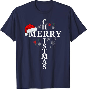 Funny Merry Christmas Xmas Cross Christian Snow T-Shirt - T-Shirt | Navy
