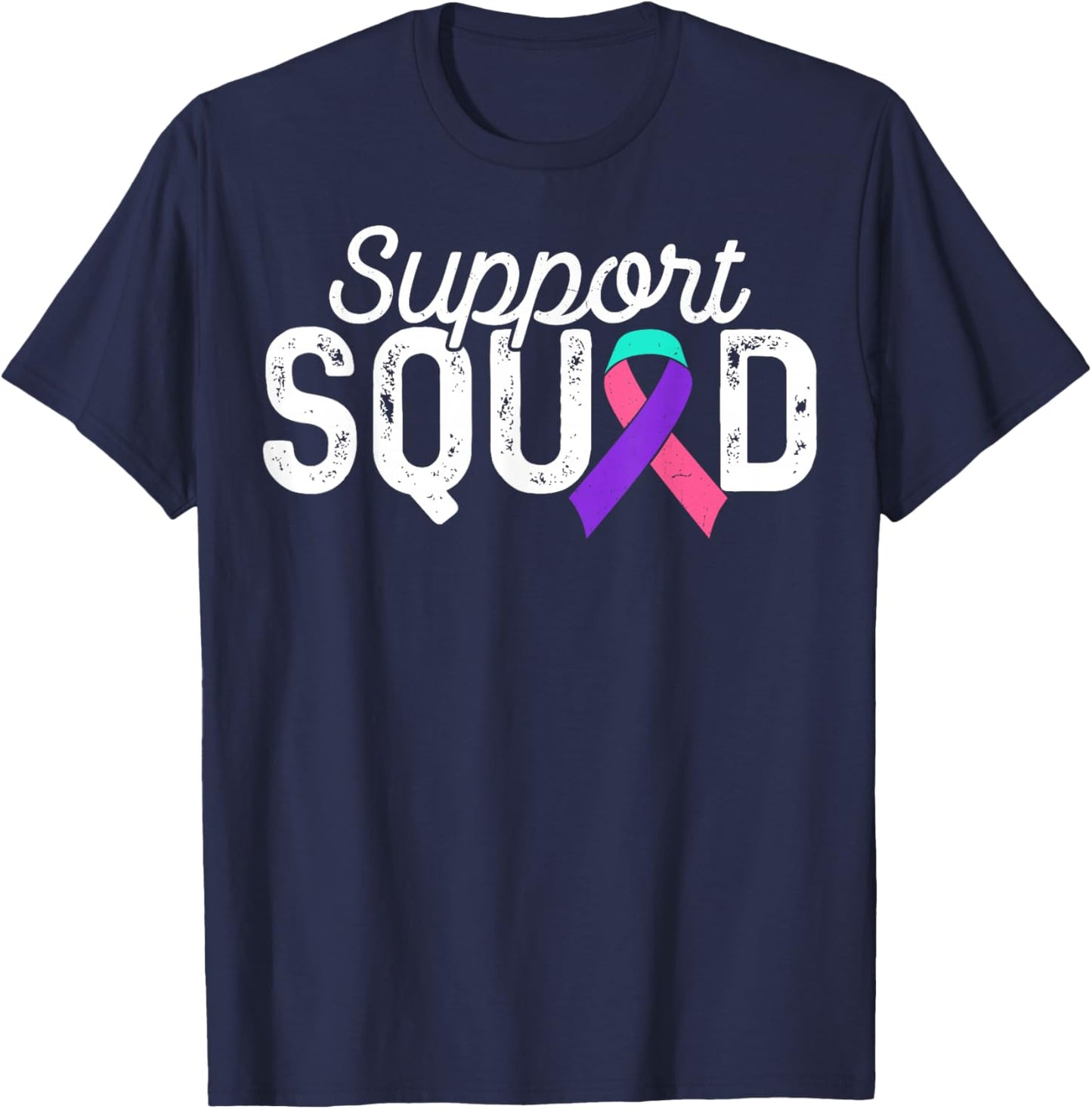 Teal Pink Blue Ribbon Support Squad Thyroid Cancer Awareness T-Shirt - T-Shirt | Navy