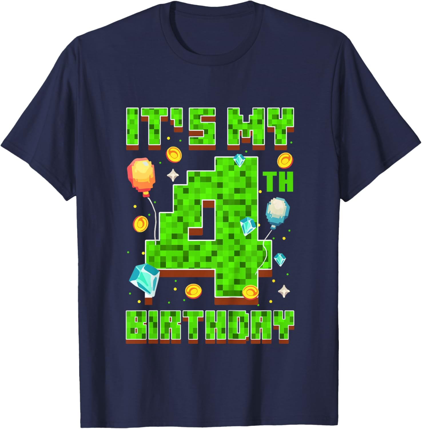 Kids It's My 4th Birthday Boy 4 Year Old Video Gamer Pixel T-Shirt - T-Shirt | Navy