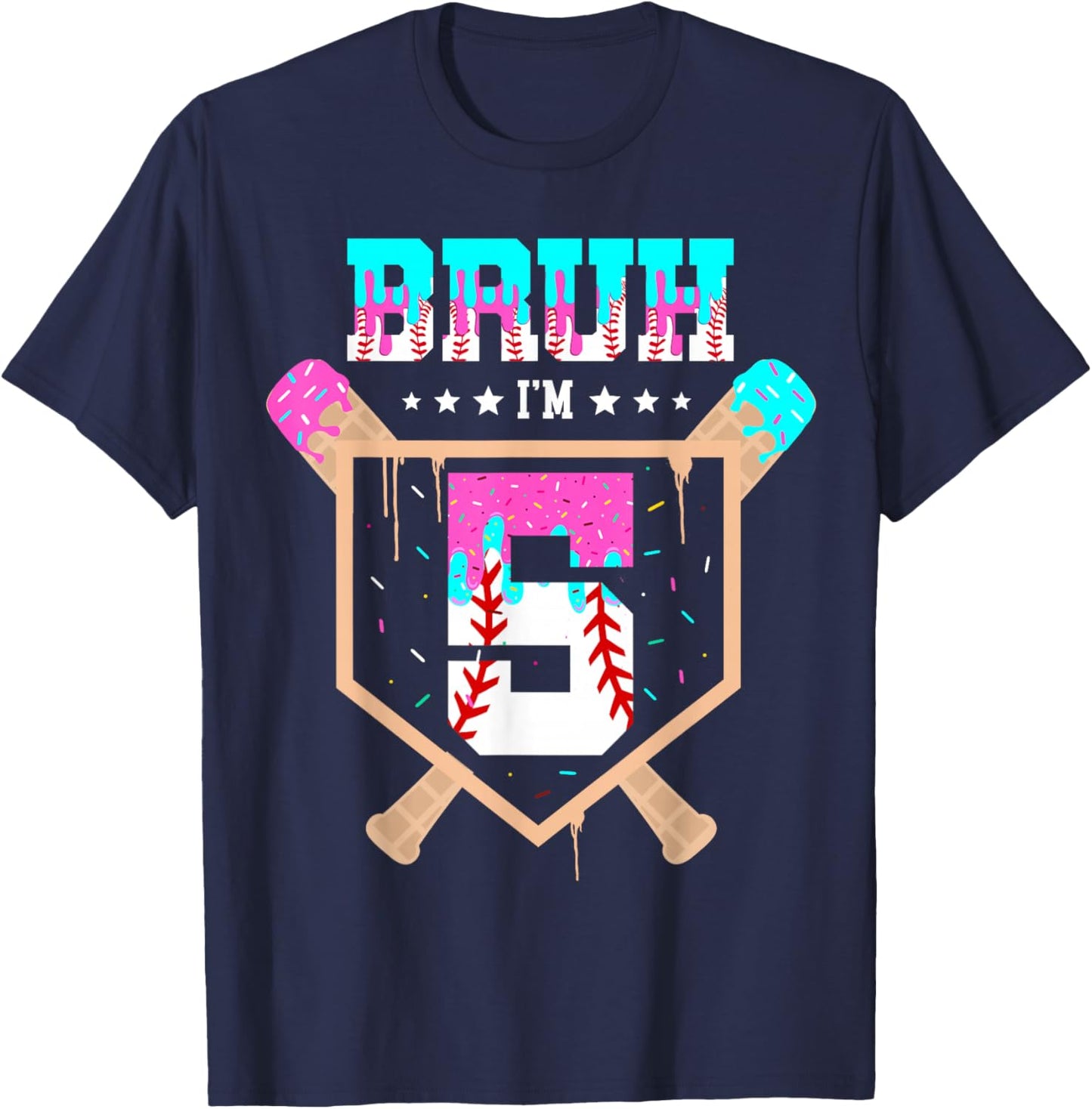 Baseball 5 Year Old Ice Cream Drip 5th Birthday Boys Player T-Shirt - T-Shirt | Navy