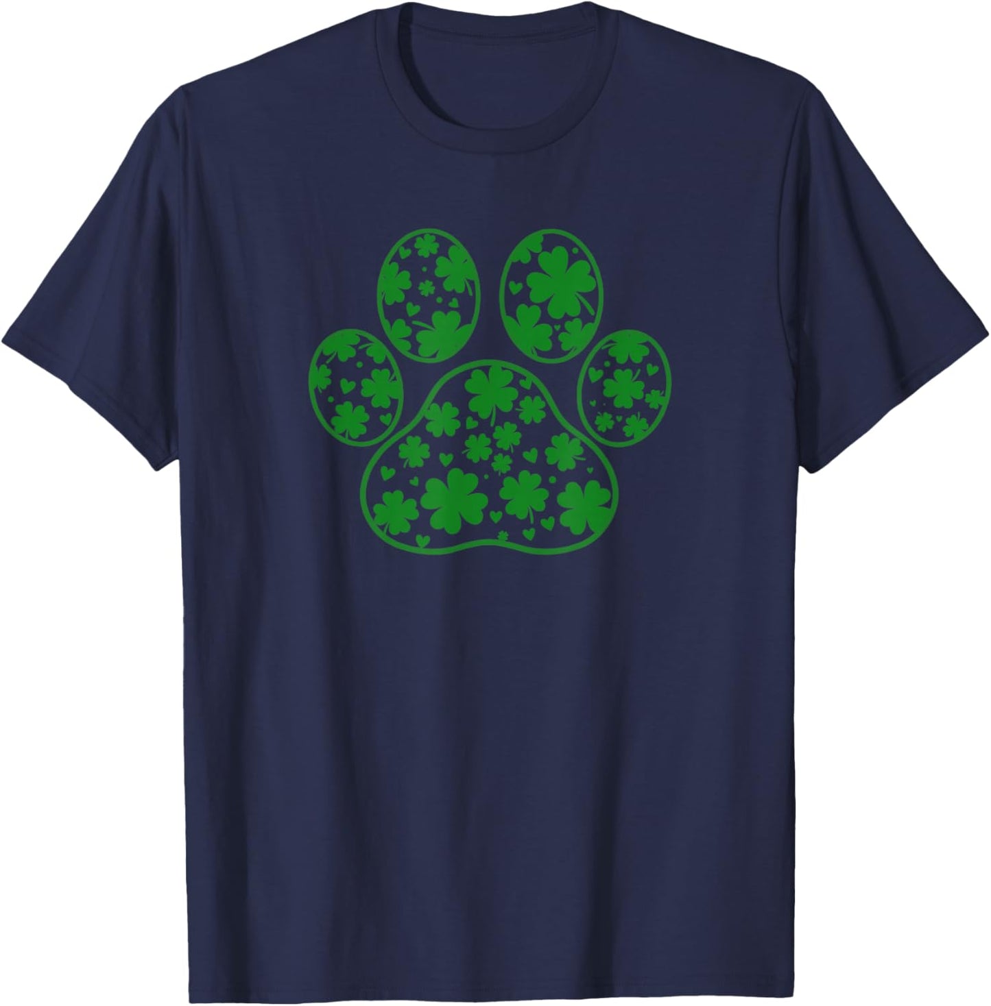 St Patricks Day Green Paw Print Shamrock Clover Pattern T-Shirt - T-Shirt | Navy