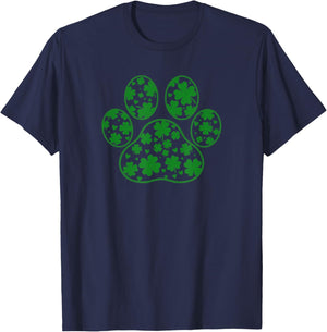 St Patricks Day Green Paw Print Shamrock Clover Pattern T-Shirt - T-Shirt | Navy
