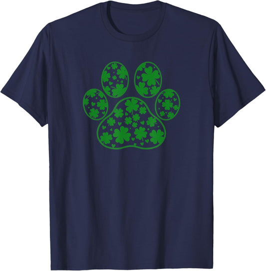 St Patricks Day Green Paw Print Shamrock Clover Pattern T-Shirt - T-Shirt | Navy