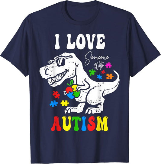 I Love Someone with Autism Awareness Dino T-Rex Women Kids T-Shirt - T-Shirt | Navy