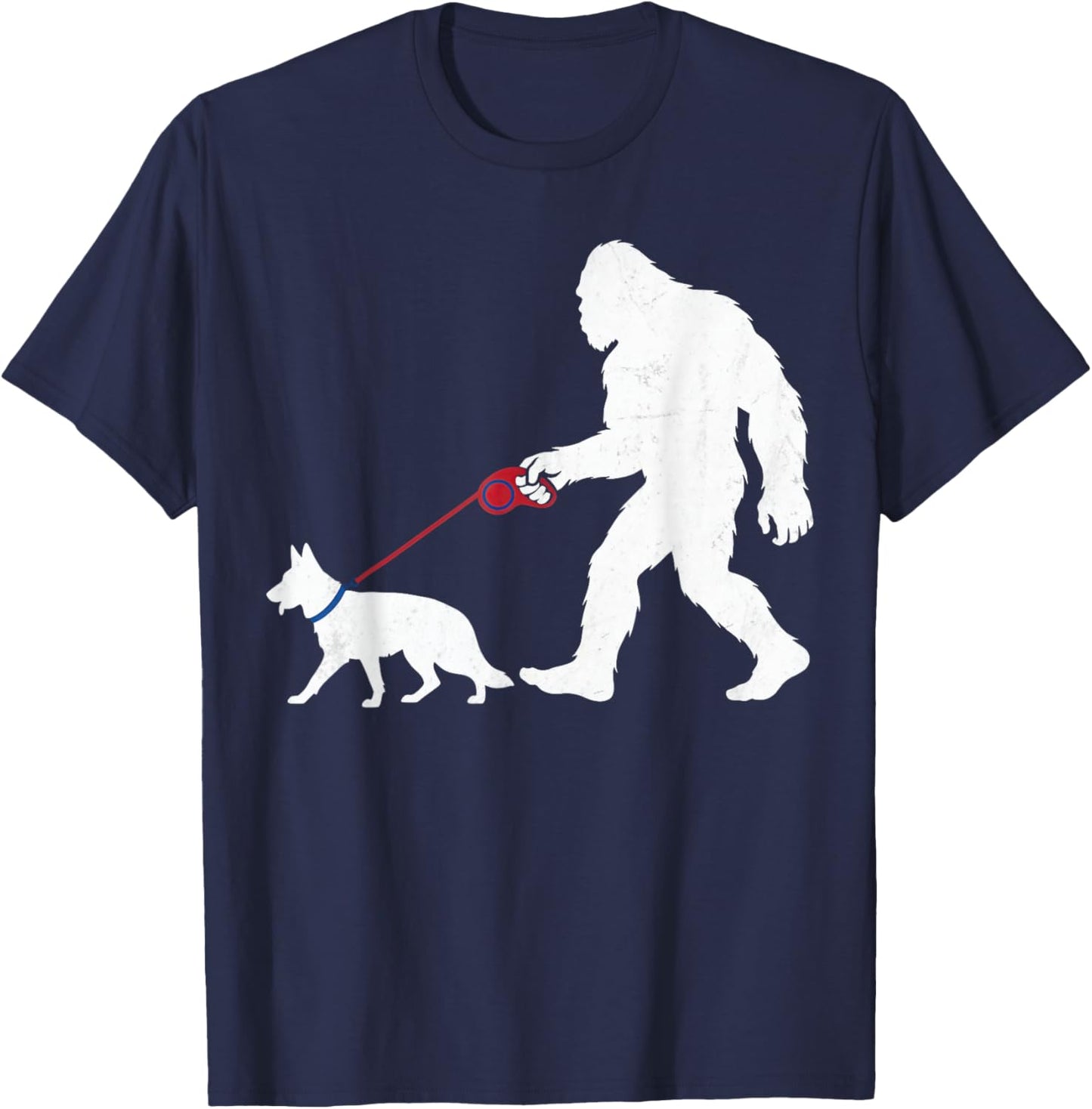 Retro Bigfoot Walking German Shepherd Dog Funny Sasquatch T-Shirt - T-Shirt | Navy