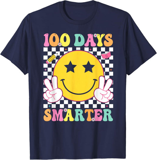 100 Days Smarter Retro Smile Face Teacher Kids 100th Day T-Shirt - T-Shirt | Navy