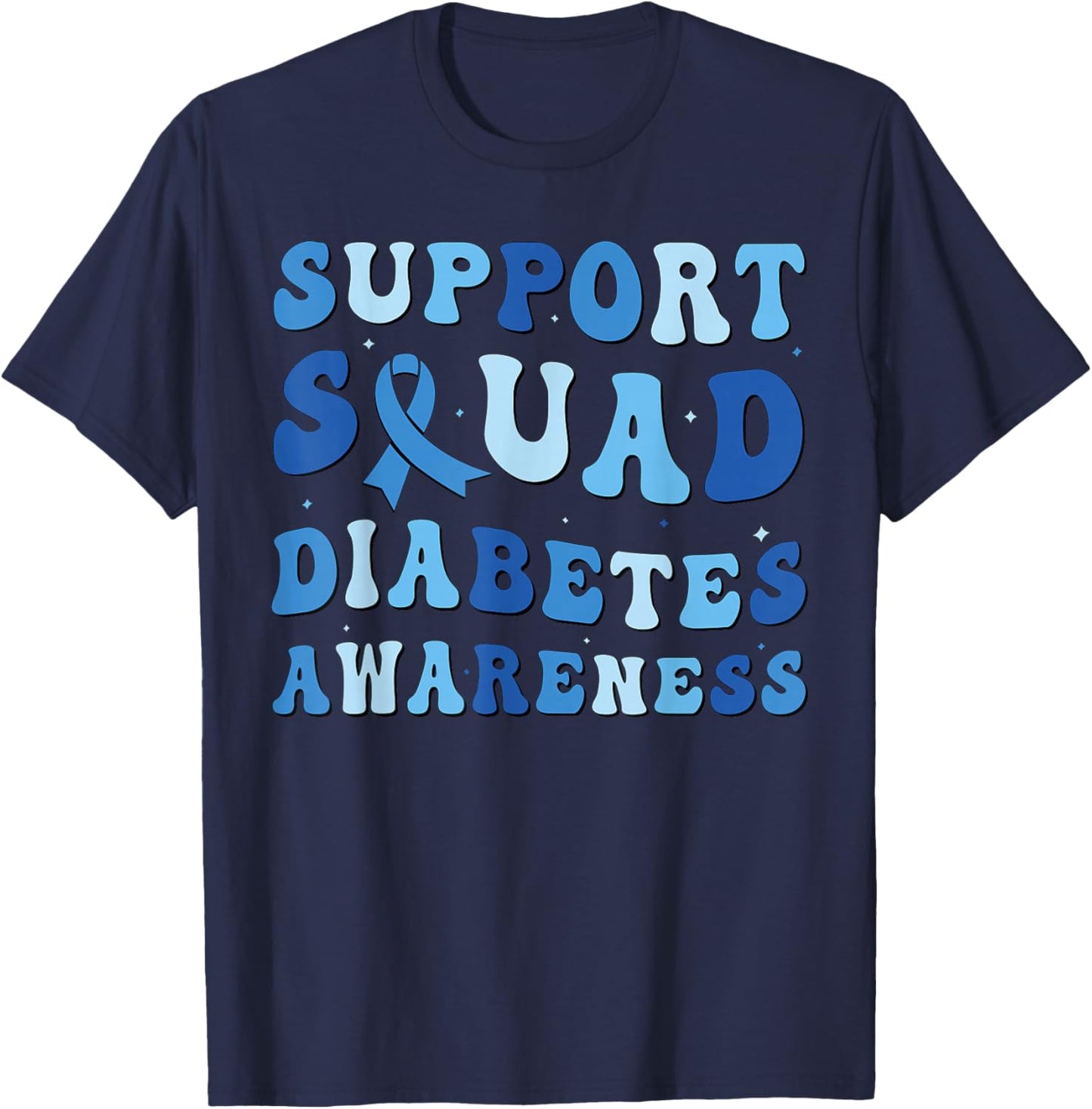 Diabetes Awareness Warrior Support Squad Groovy Blue Ribbon T-Shirt - T-Shirt | Navy