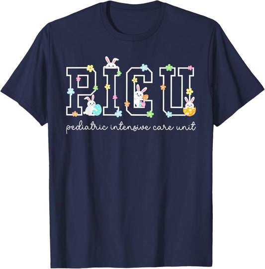 Retro PICU Nurse Floral Bunny Easter Pediatric ICU Nurse RN T-Shirt - T-Shirt | Navy