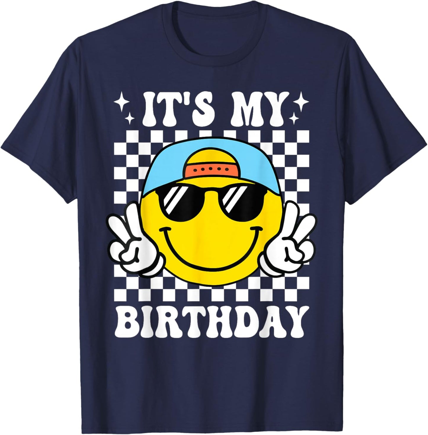 Groovy It's My Birthday Boys Kids Happy Face Birthday Party T-Shirt - T-Shirt | Navy