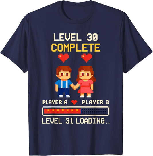 30th Wedding Anniversary Gamer Vintage Level 30 Complete T-Shirt - T-Shirt | Navy