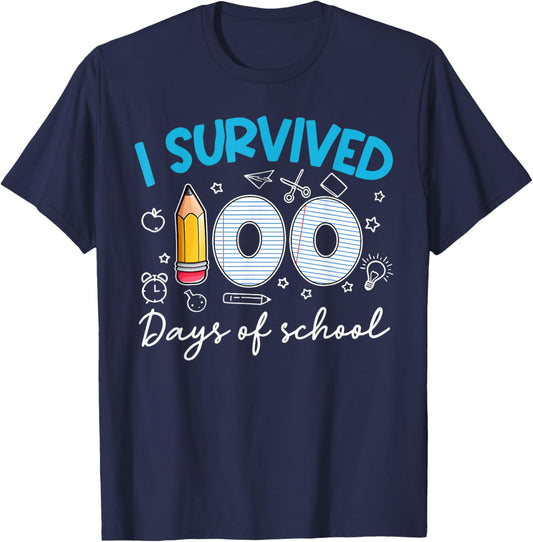 I Survived 100 Days of School Teacher Student T-Shirt - T-Shirt | Navy
