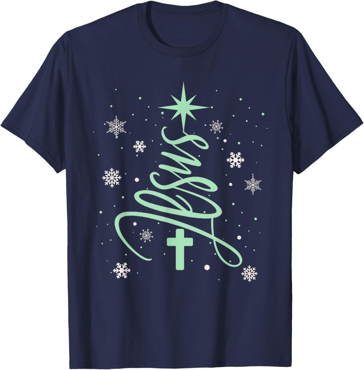Jesus Tree Christian Christmas Faith Snowflakes Cross T-Shirt - T-Shirt | Navy