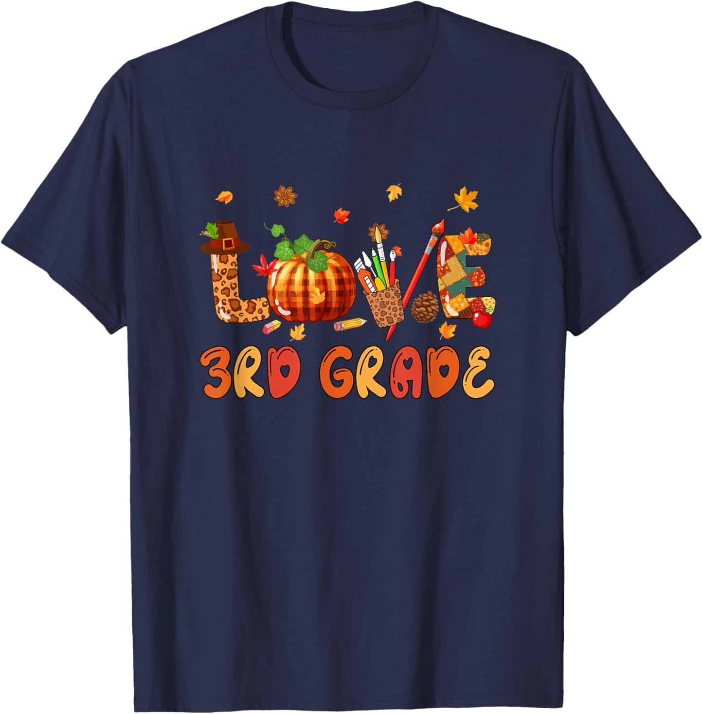 Love 3rd Grade Thanksgiving Leopard Fall Leaves Teachers T-Shirt - T-Shirt | Navy