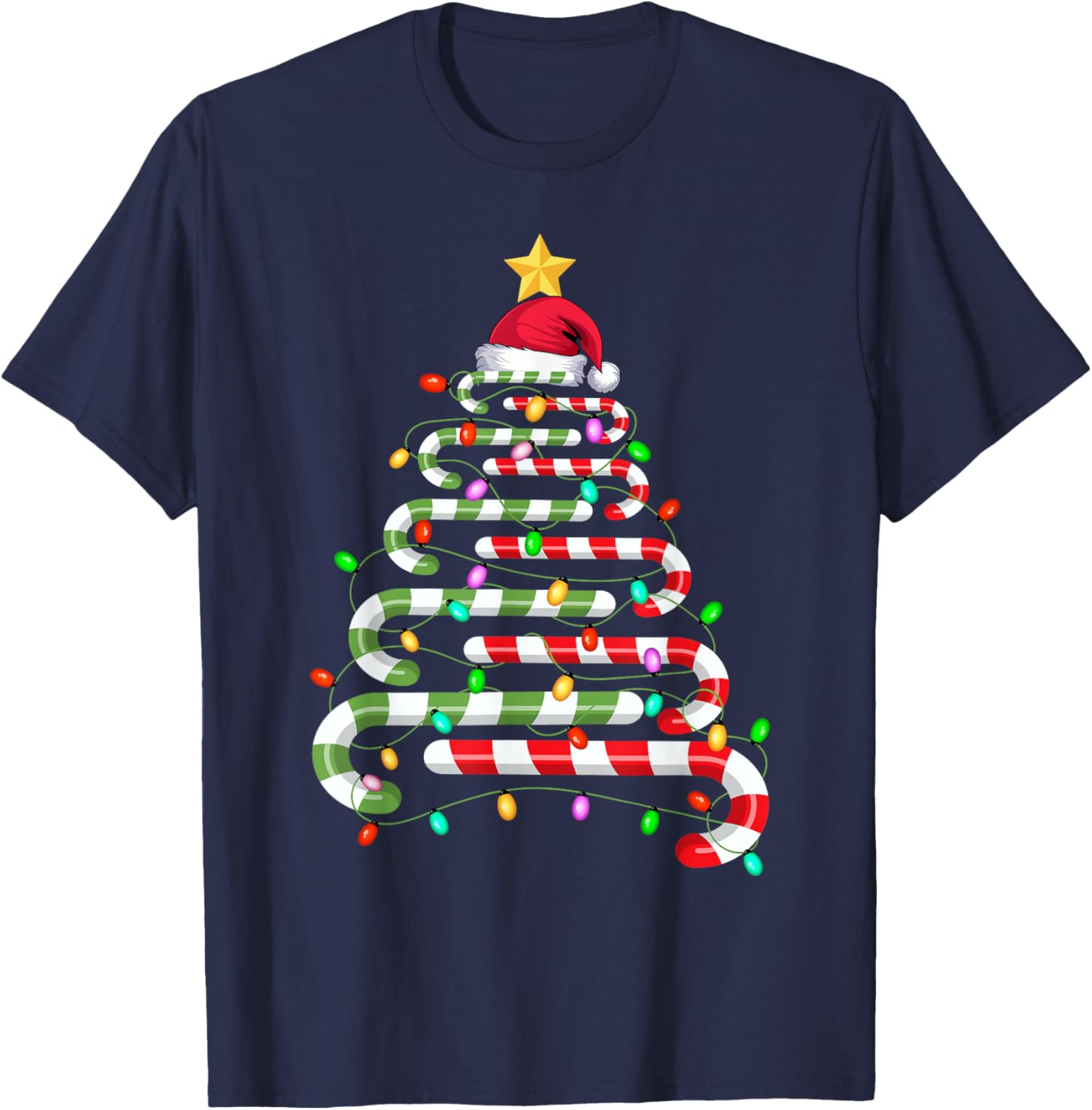Candy Cane Christmas Tree Lights Men Women Kids Xmas T-Shirt - T-Shirt | Navy