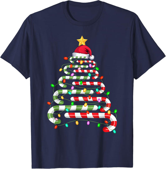 Candy Cane Christmas Tree Lights Men Women Kids Xmas T-Shirt - T-Shirt | Navy