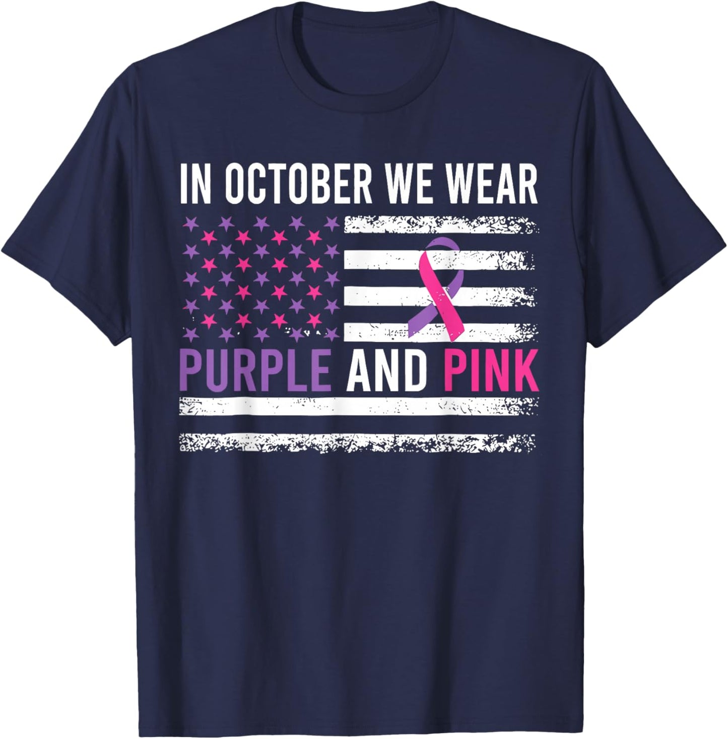 in October We Wear Purple and Pink USA Flag Men Women Kids T-Shirt - T-Shirt | Navy