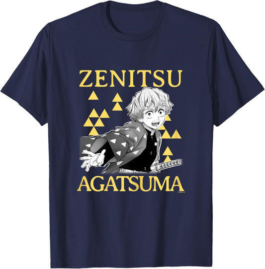 Demon Slayer: Kimetsu no Yaiba Zenitsu Retro Pattern Yellow T-Shirt - T-Shirt | Navy