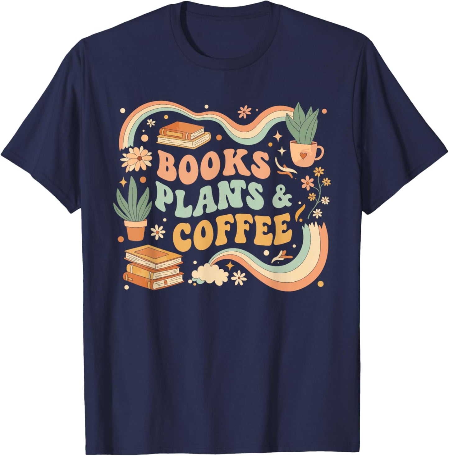 Book Lover Coffee Plants Retro Cozy Succulent Reading Groovy T-Shirt - T-Shirt | Navy