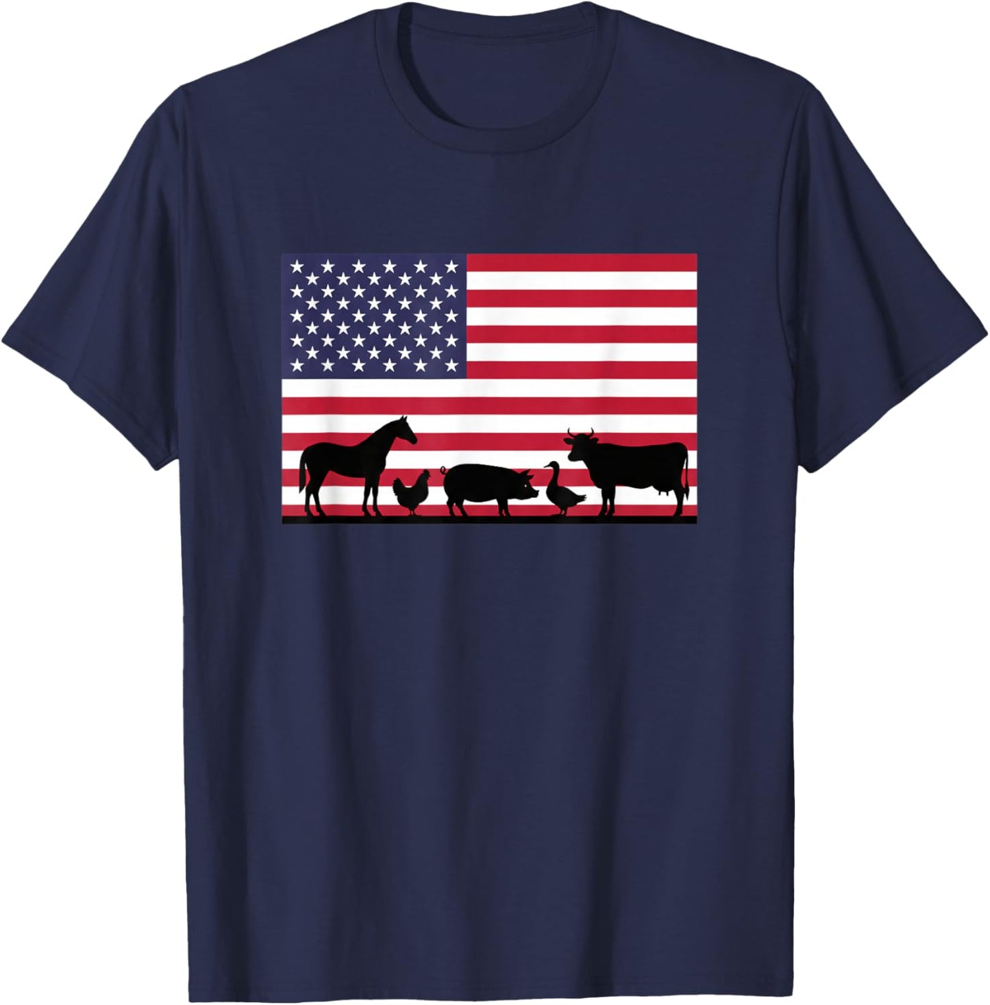 American Flag Farm Animals Horse Cow Pig Chicken Patriotic T-Shirt - T-Shirt | Navy