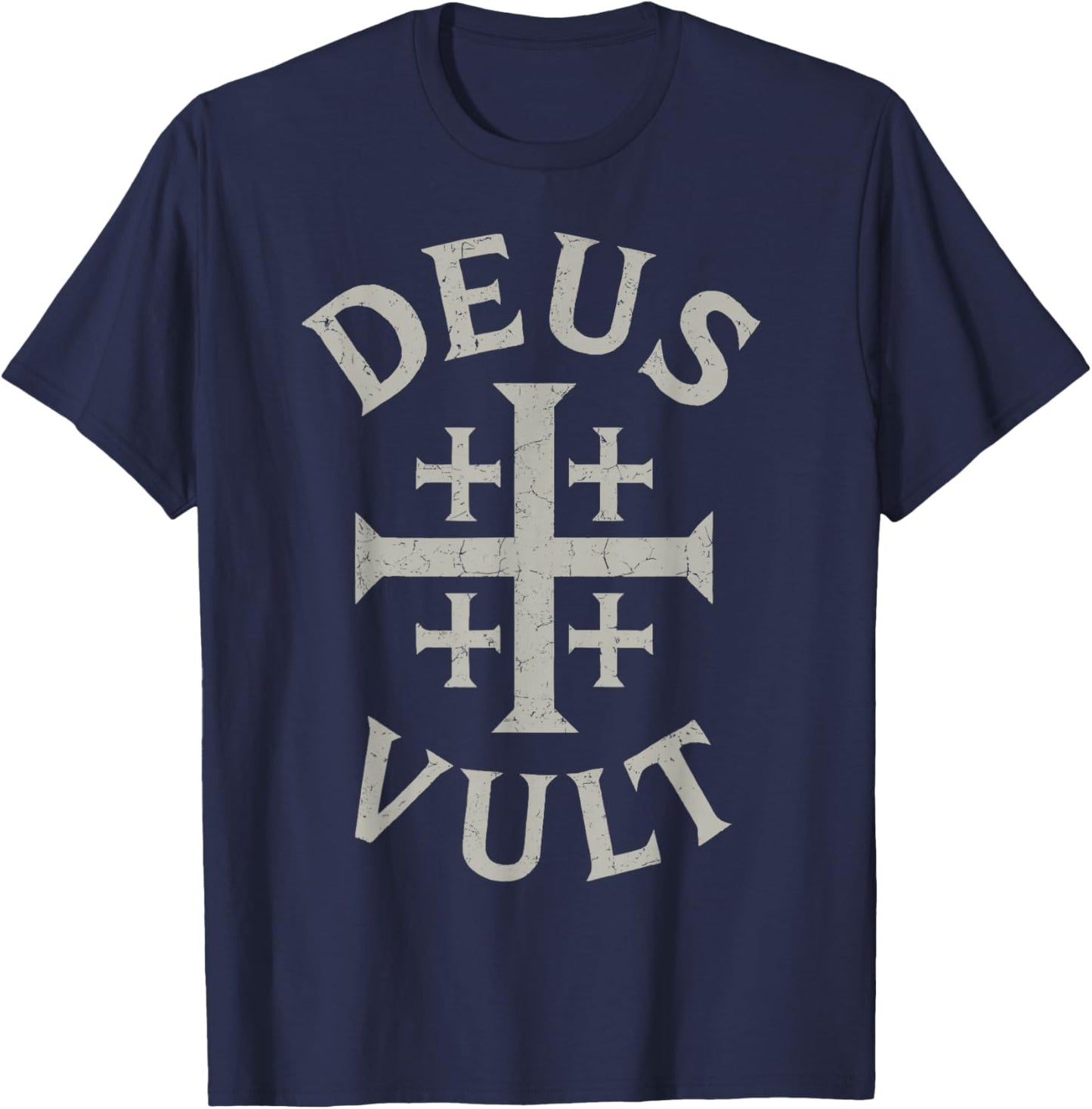 Deus Vult Catholic Knight Templar Crusader Cross Design T-Shirt - T-Shirt | Navy