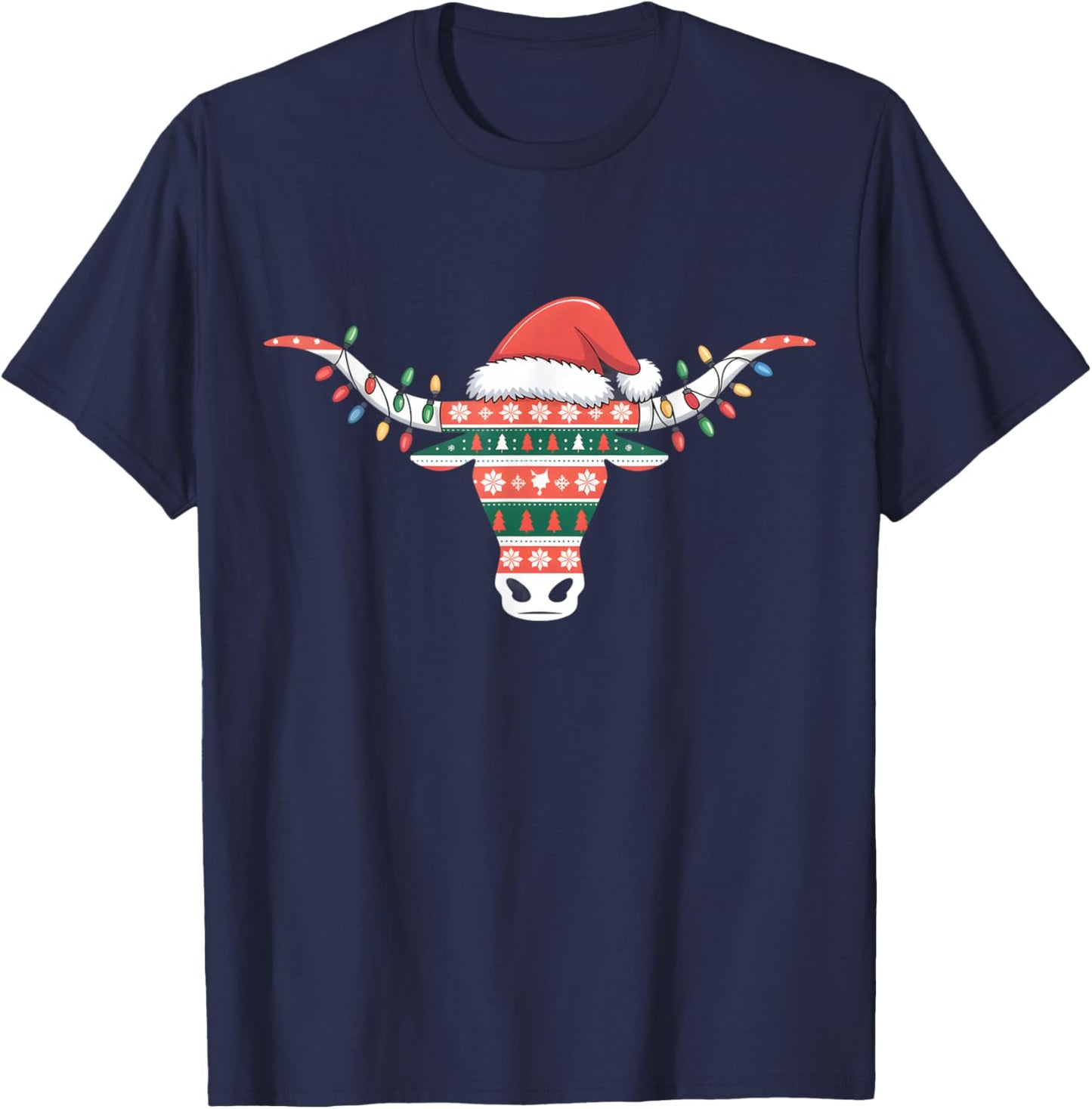 White Longhorn Ugly Christmas Sweater Santa hat Horn Antlers T-Shirt - T-Shirt | Navy