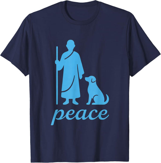 Peace Monk & Dog Silhouette Minimalist T-Shirt - T-Shirt | Navy