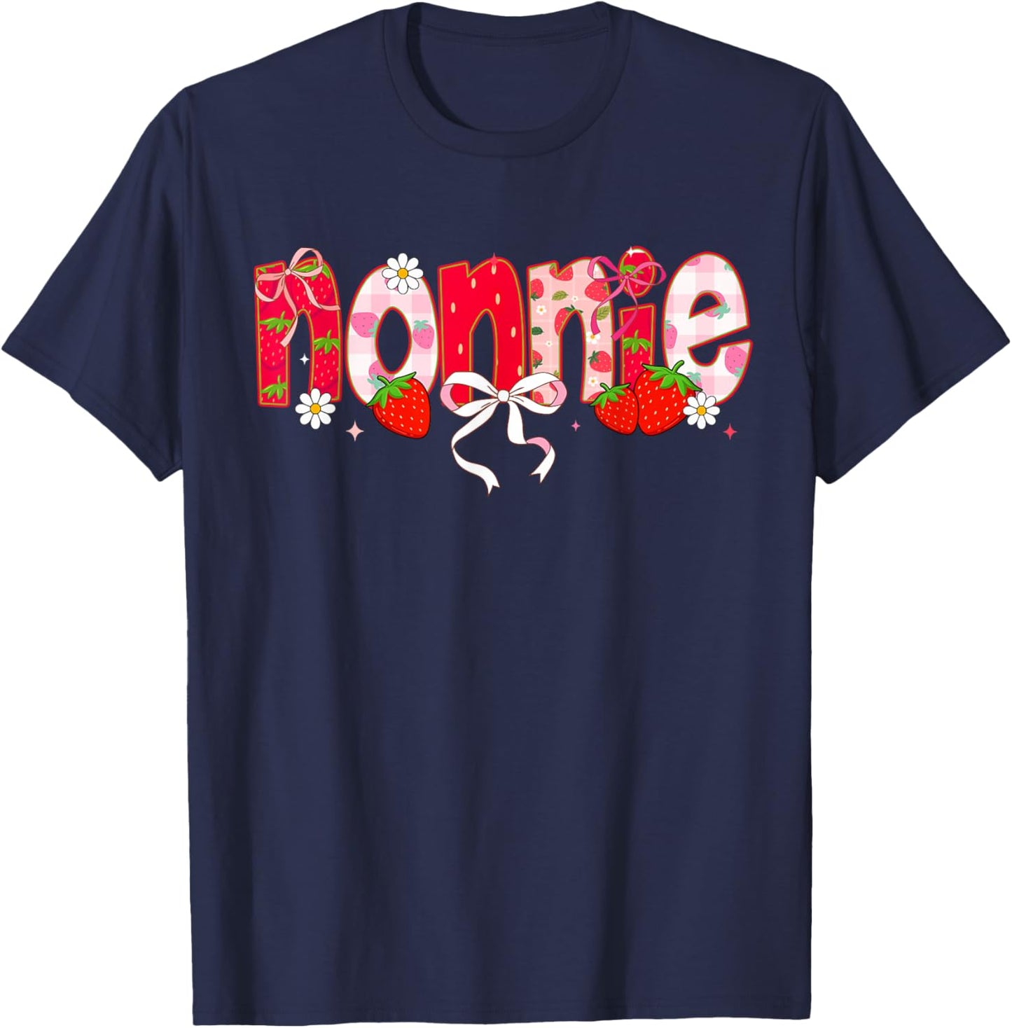 Strawberry Nonnie Coquette Bow First Birthday T-Shirt - T-Shirt | Navy
