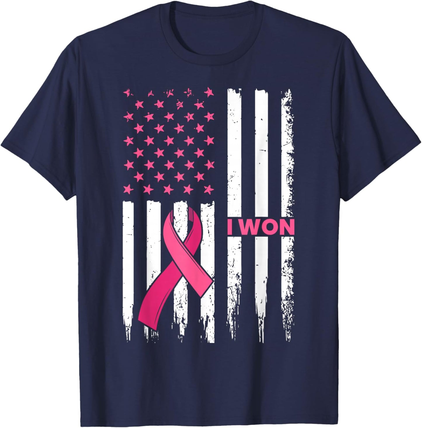 Breast Cancer Survivor I Won Pink Ribbon US Flag Awareness T-Shirt - T-Shirt | Navy